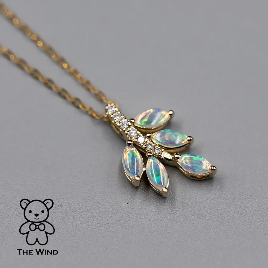 Olive Leaf Design Australian Opal Diamond Necklace 14K Yellow Gold