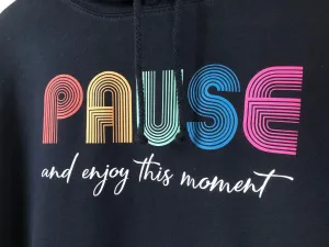 PAUSE Hoodie, Calm Reflection Birthday Gift Hooded Sweatshirt in Retro Vintage 70s style, Chill Relax Hoody Sweat Shirt Top For Men or Women