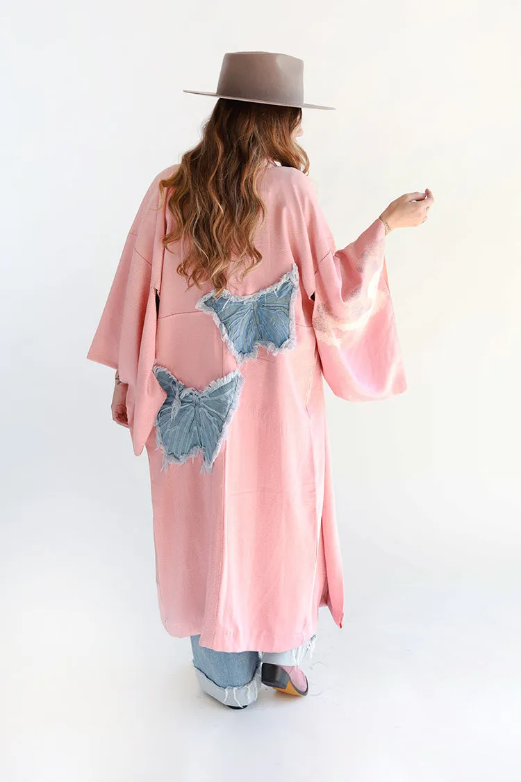 Pink One-of-a-Kind Denim Butterfly Kimono