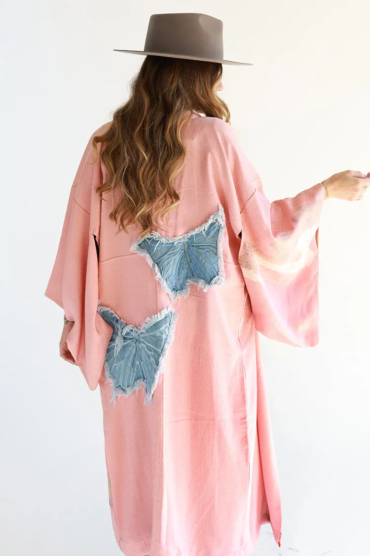 Pink One-of-a-Kind Denim Butterfly Kimono