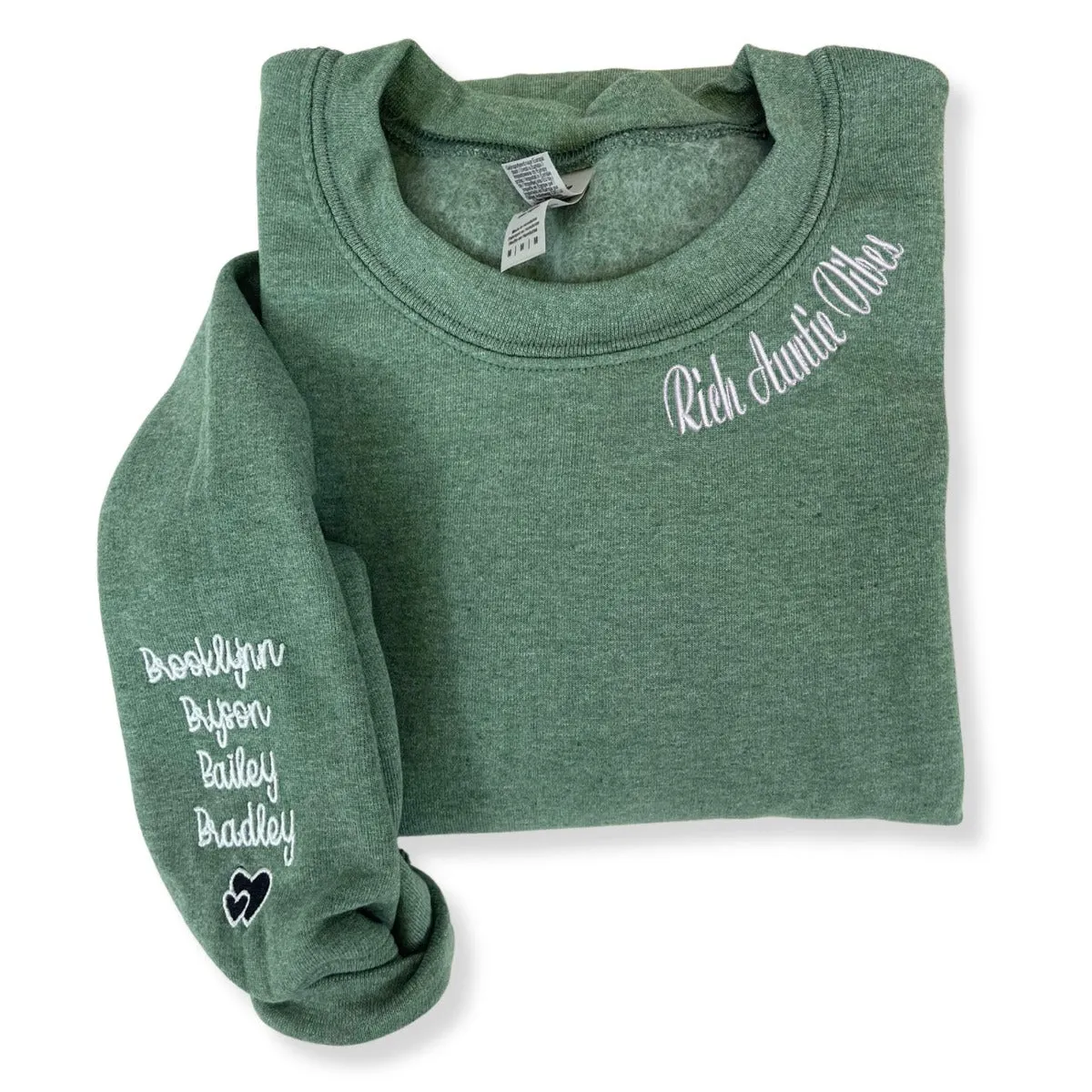 Rich Auntie Vibes Sweatshirt with Children Names on Sleeve