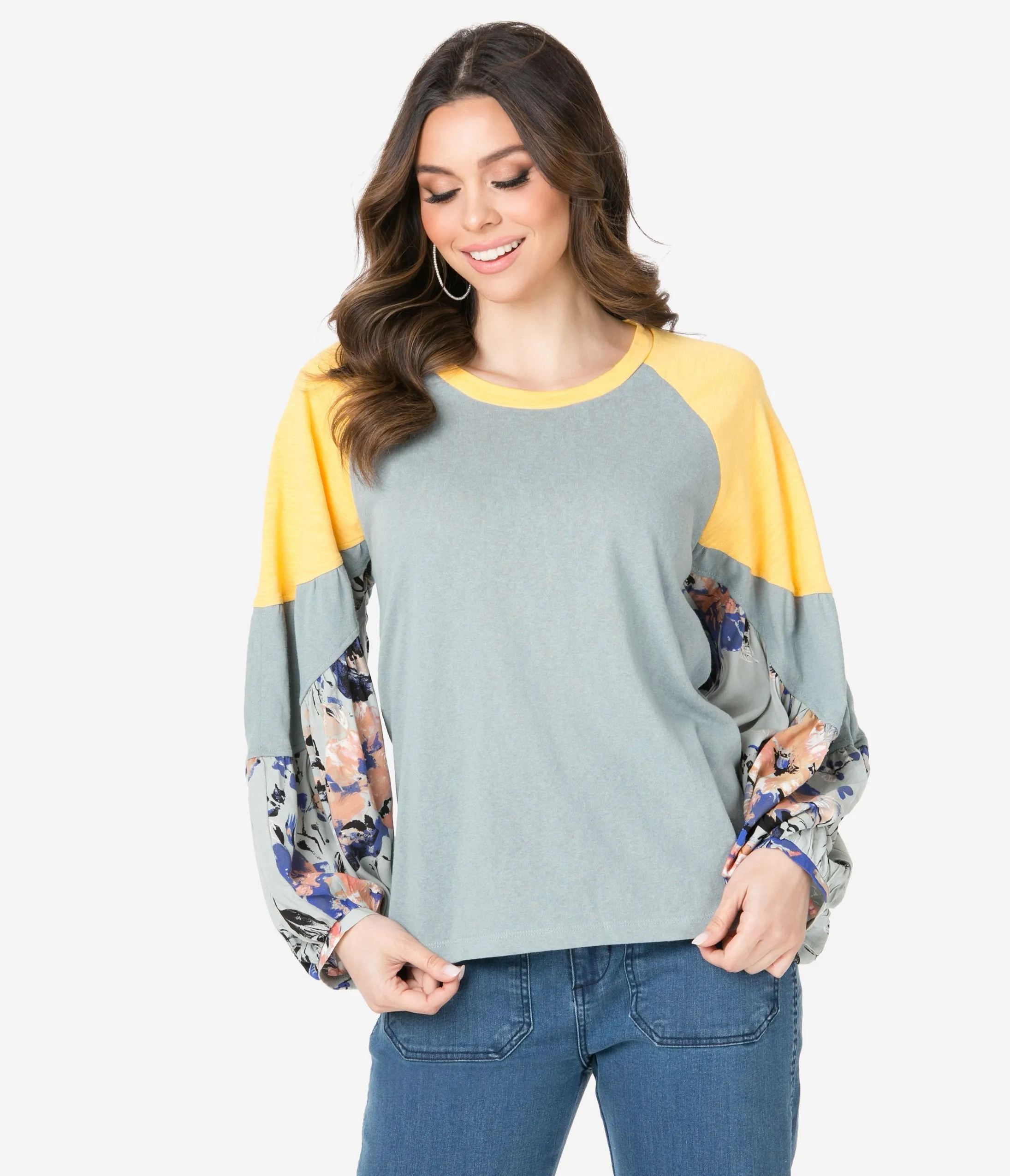 Sage & Lagoon Floral Colorblock Puff Sleeve Top