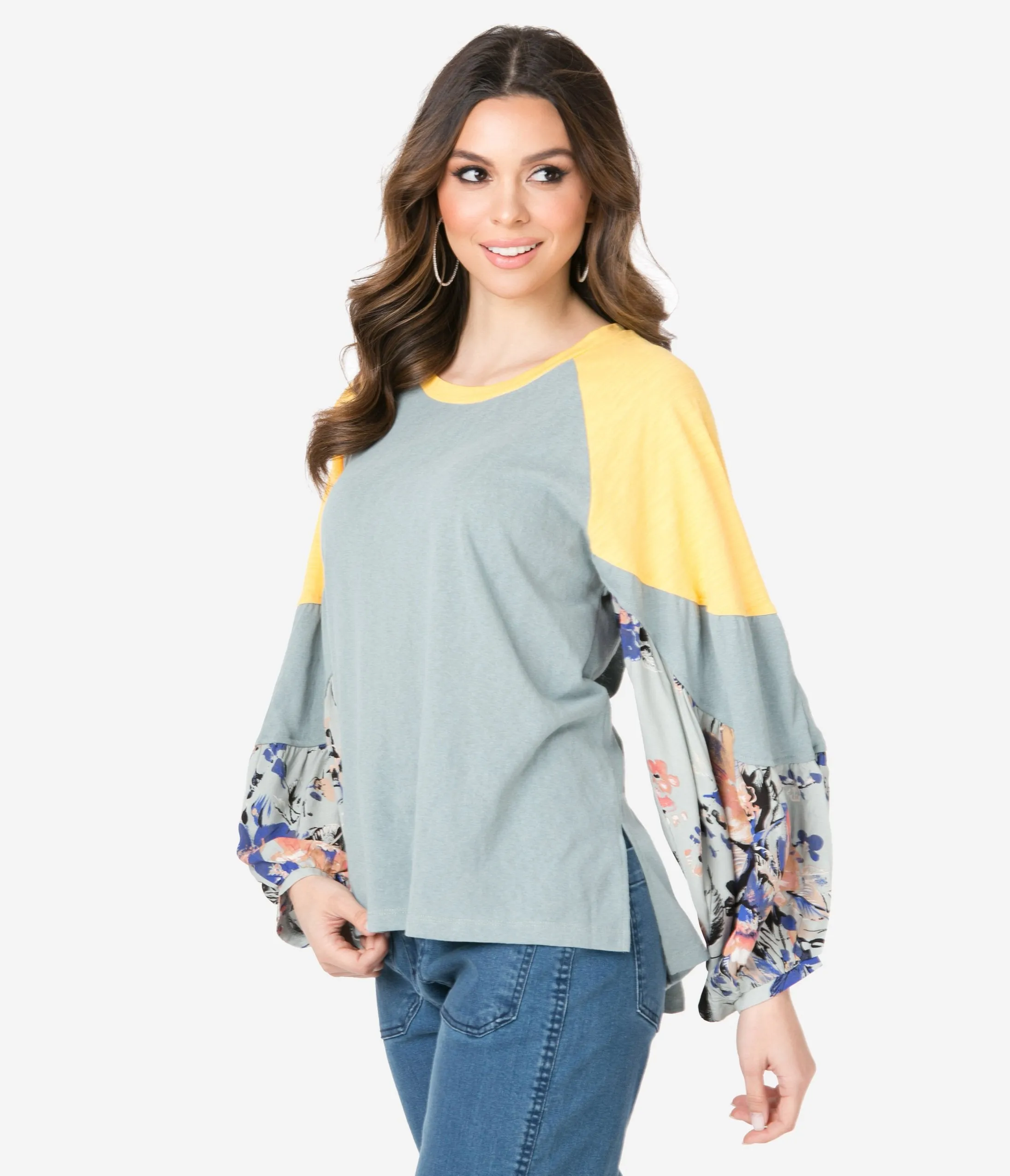 Sage & Lagoon Floral Colorblock Puff Sleeve Top