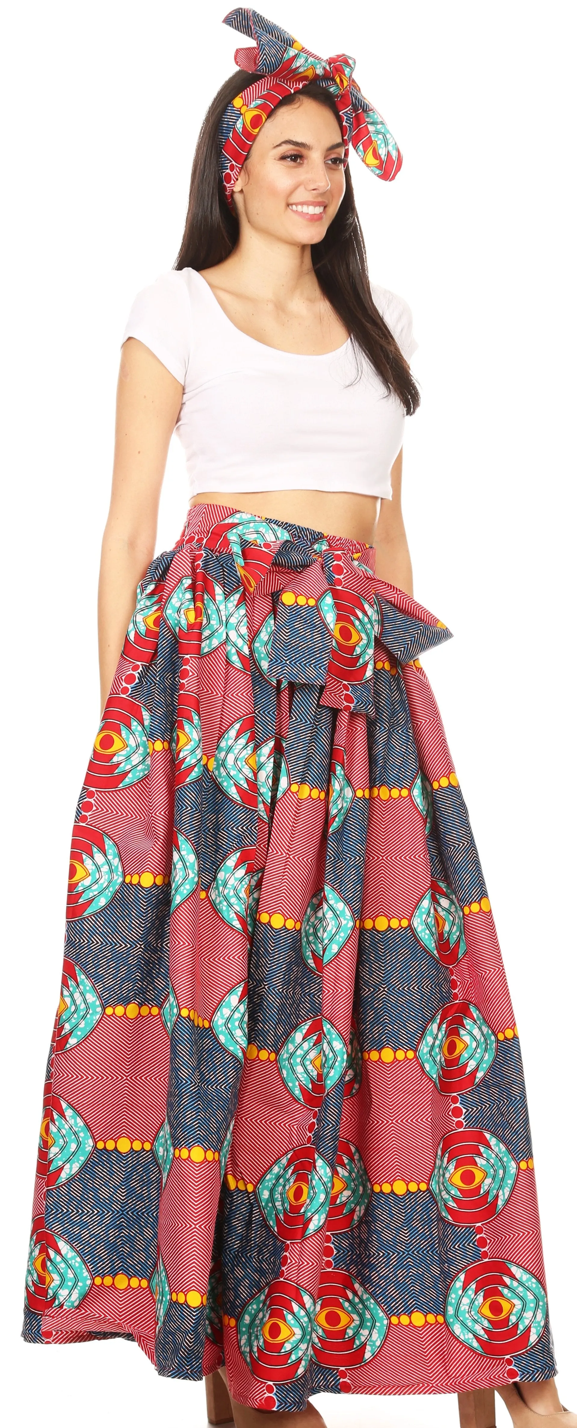 Sakkas Havana Women's Maxi Long  African Print Skirt Puffy with Pockets