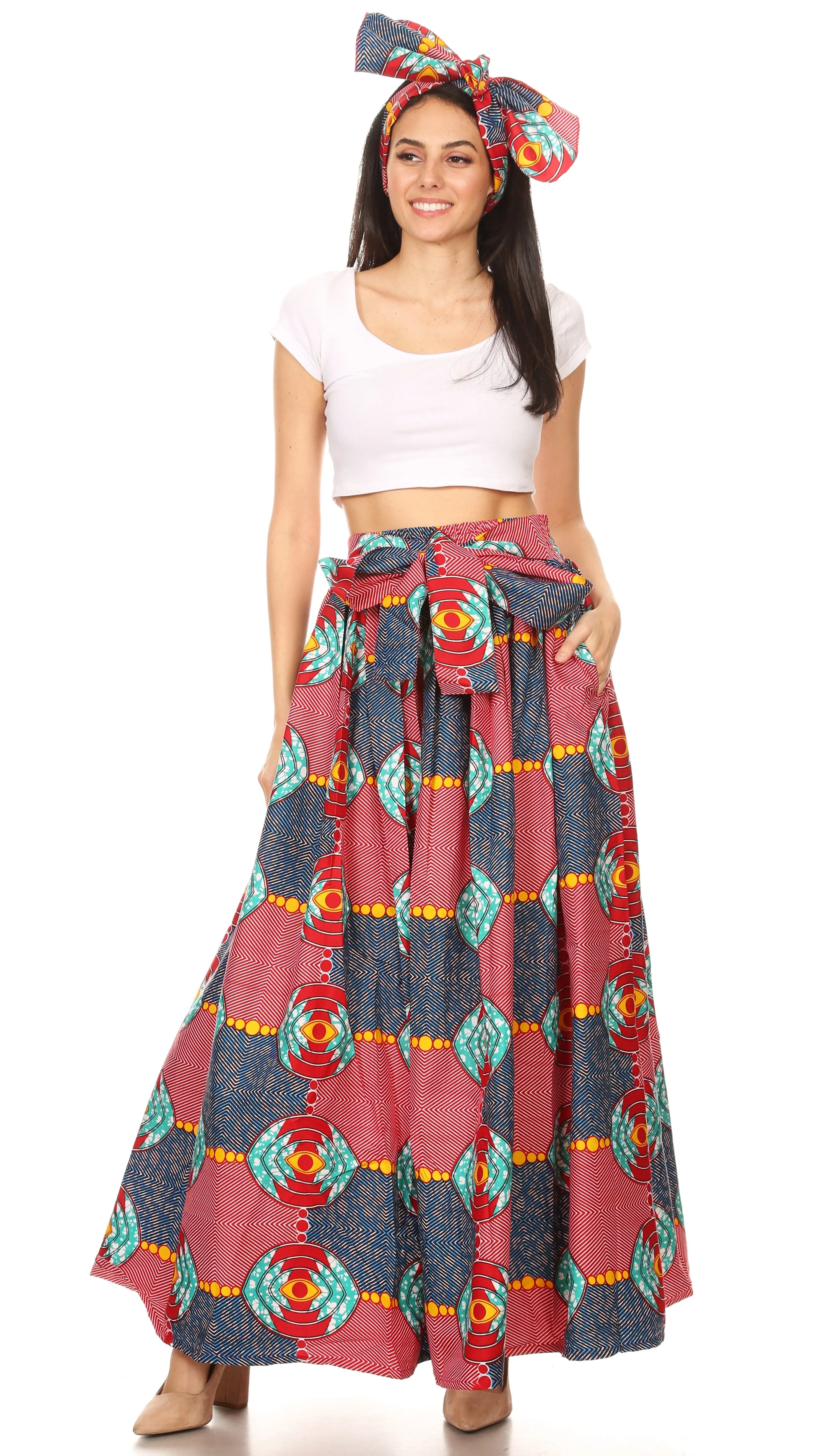 Sakkas Havana Women's Maxi Long  African Print Skirt Puffy with Pockets