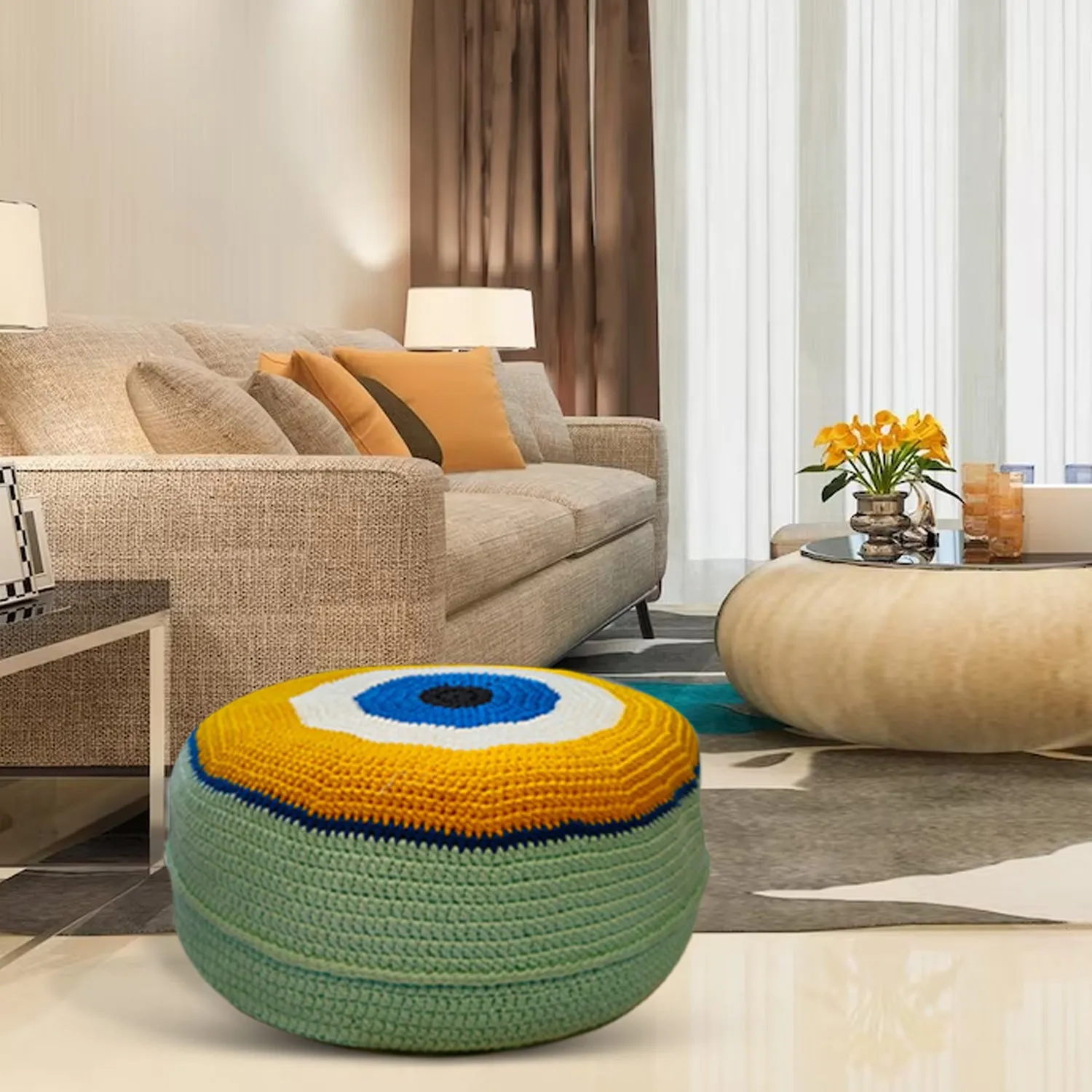 Shiroli Handmade Golden Yellow Evil Eye Pouf