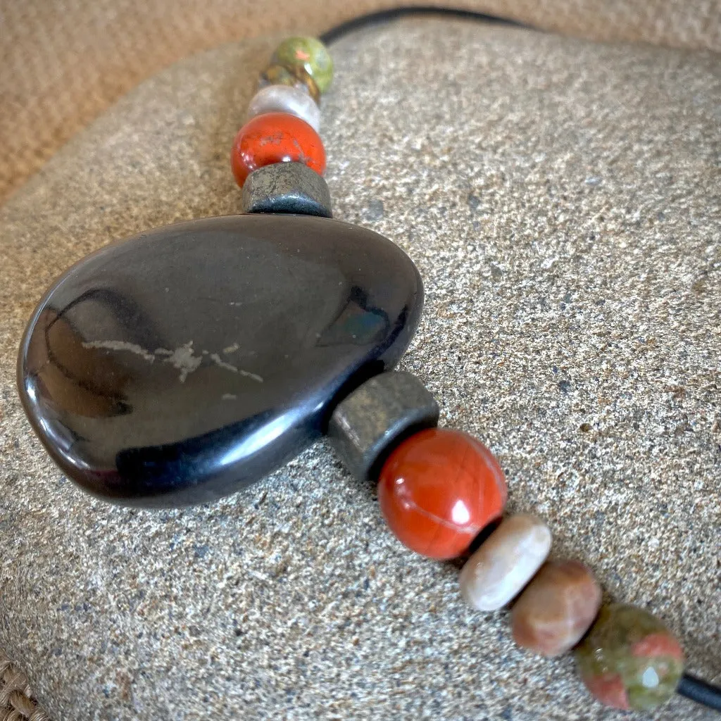 Shungite Medallion Necklace w/Pyrite, Jasper, Fossilized Coral & Unakite