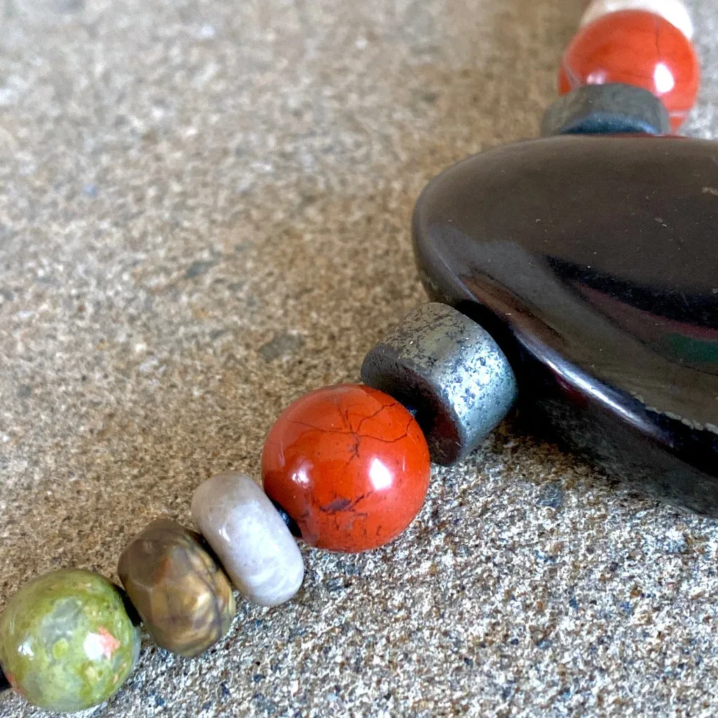 Shungite Medallion Necklace w/Pyrite, Jasper, Fossilized Coral & Unakite