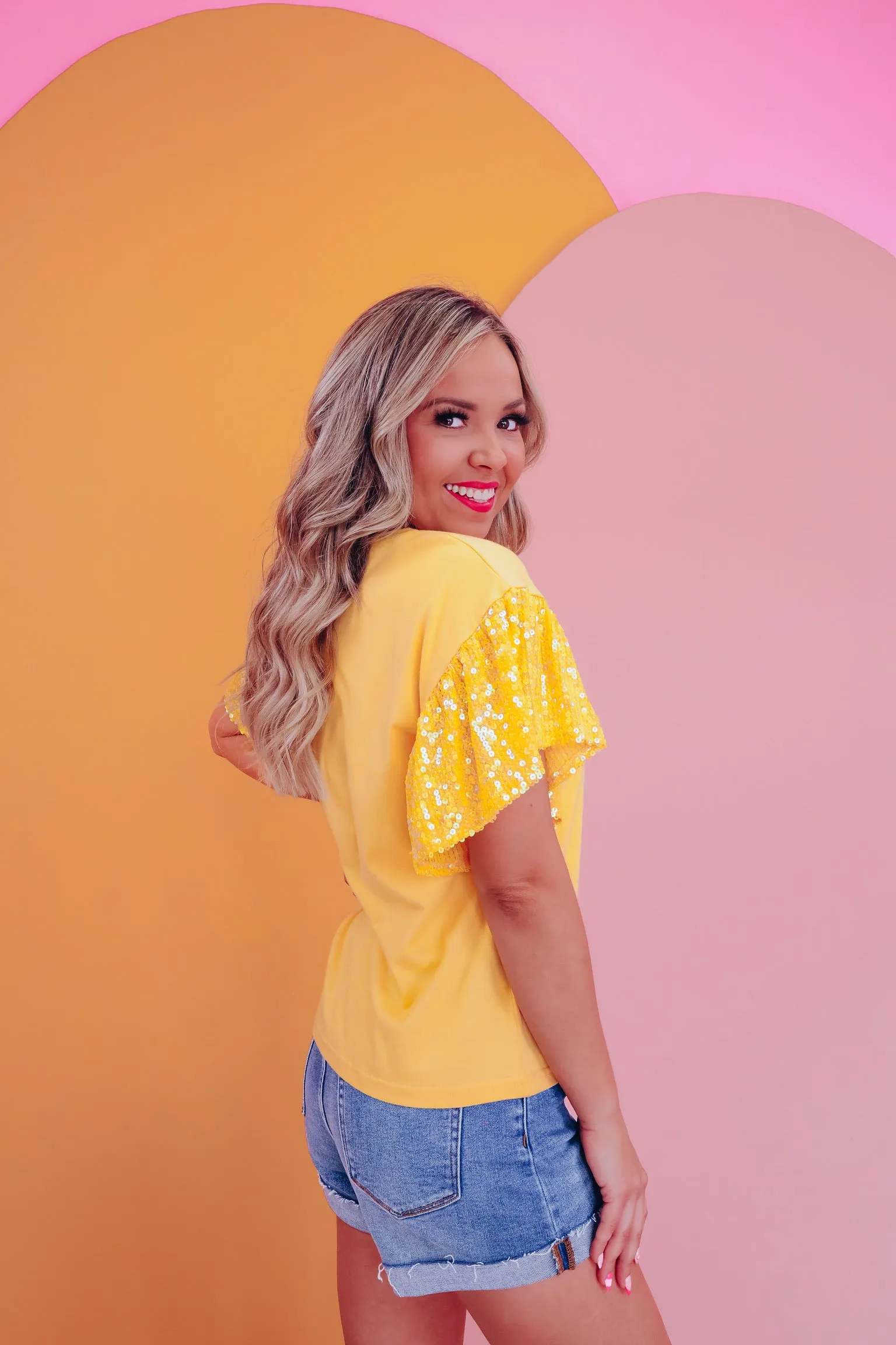 Spirited Sequin Flutter Sleeve Top - Yellow