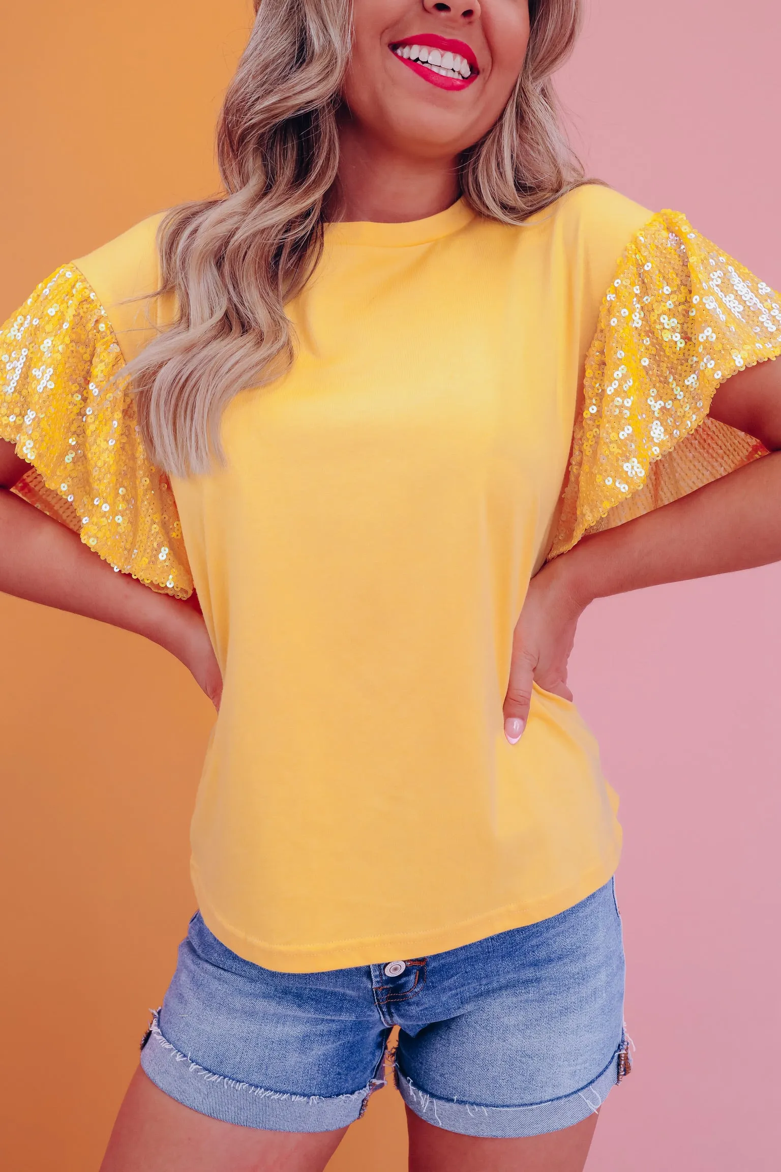 Spirited Sequin Flutter Sleeve Top - Yellow