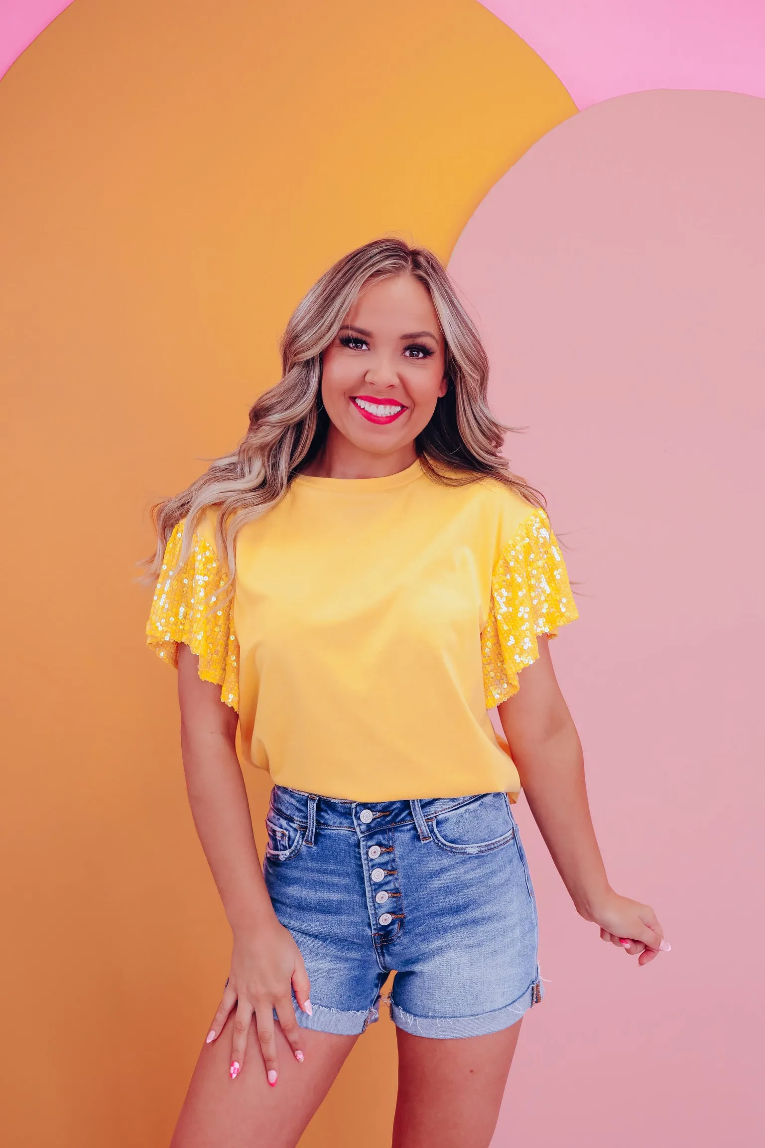 Spirited Sequin Flutter Sleeve Top - Yellow