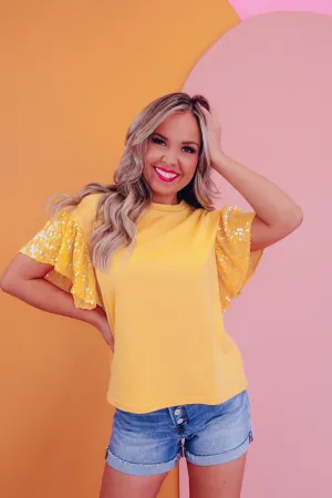 Spirited Sequin Flutter Sleeve Top - Yellow