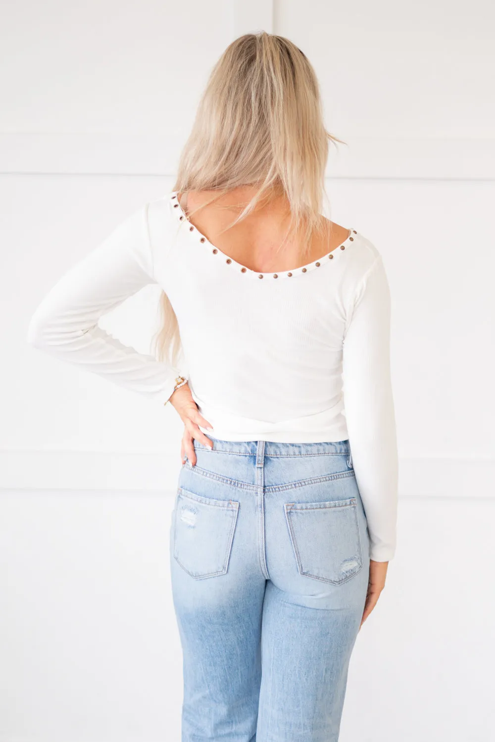 Studded Ribbed V-Neck Top