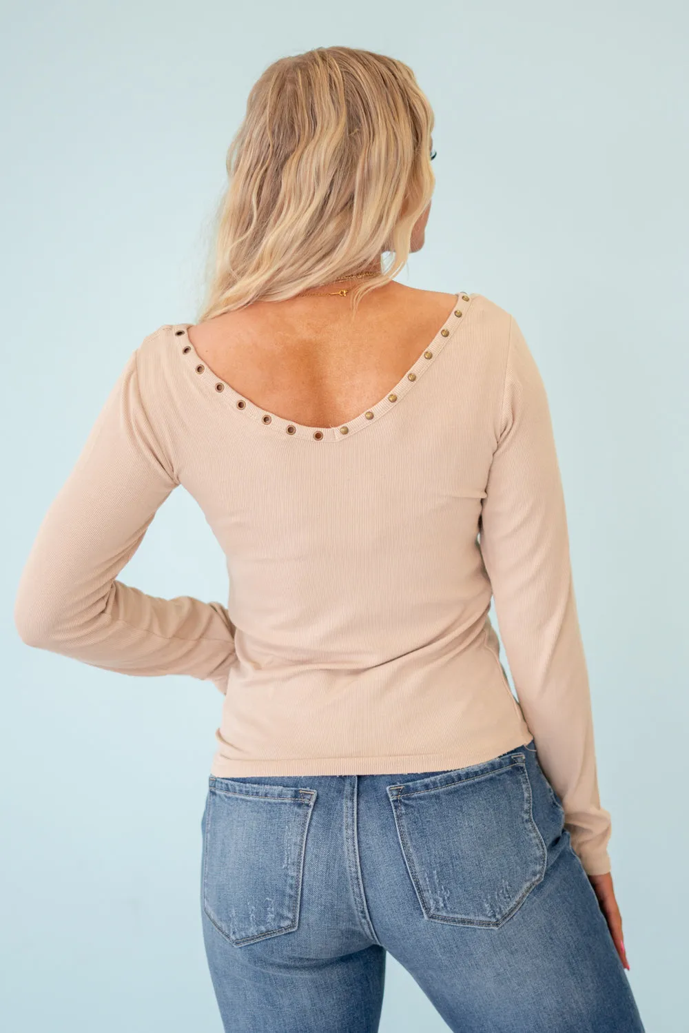 Studded Ribbed V-Neck Top