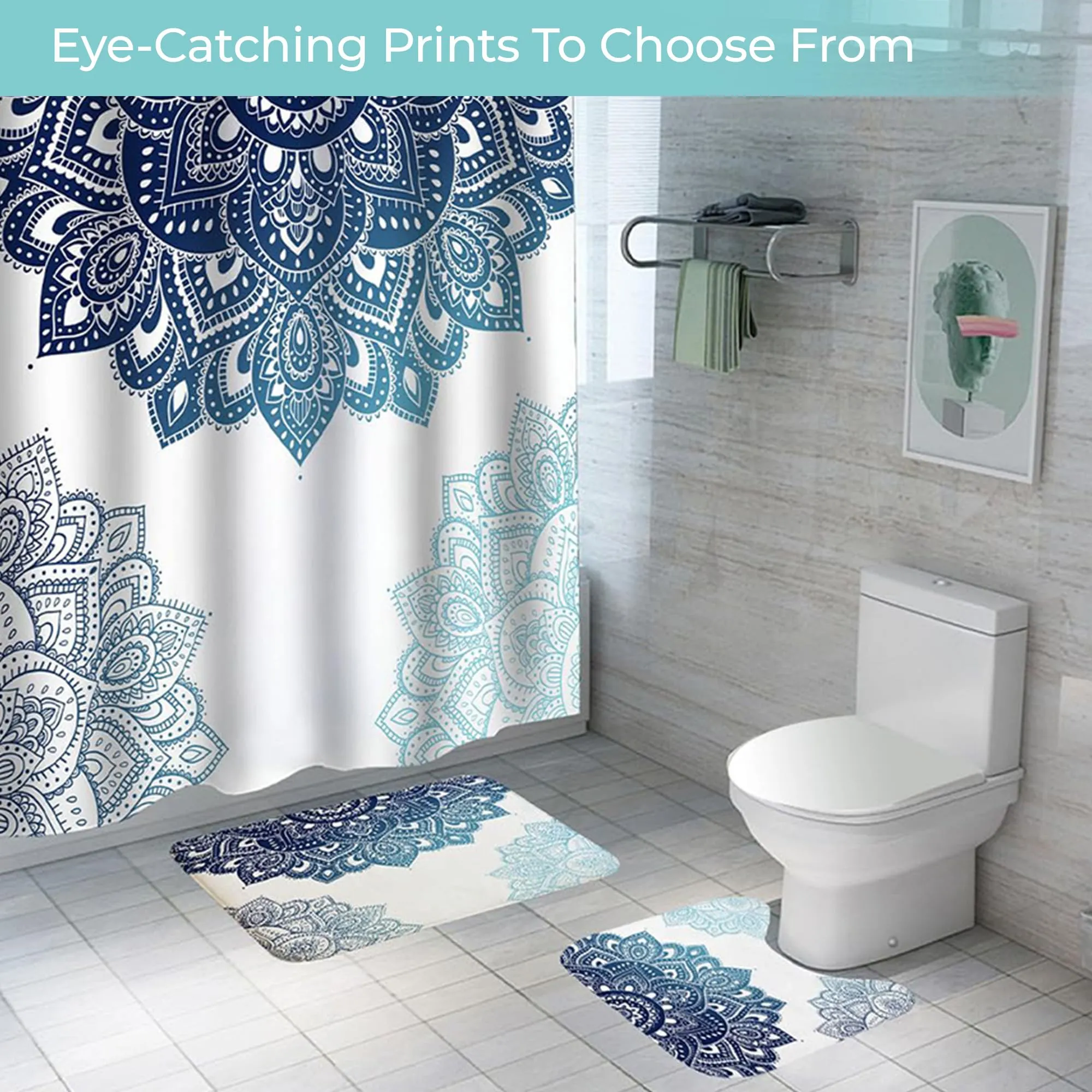 The Better Home Shower Curtains for Bathroom Mat 3 Pcs Set|Vibrant Coloured Polyster Curtain Sets with Non-Slip Bath mats for Bathroom|Easy-Slide Curtains|Quick Dry,Soft Mats (Mandala)