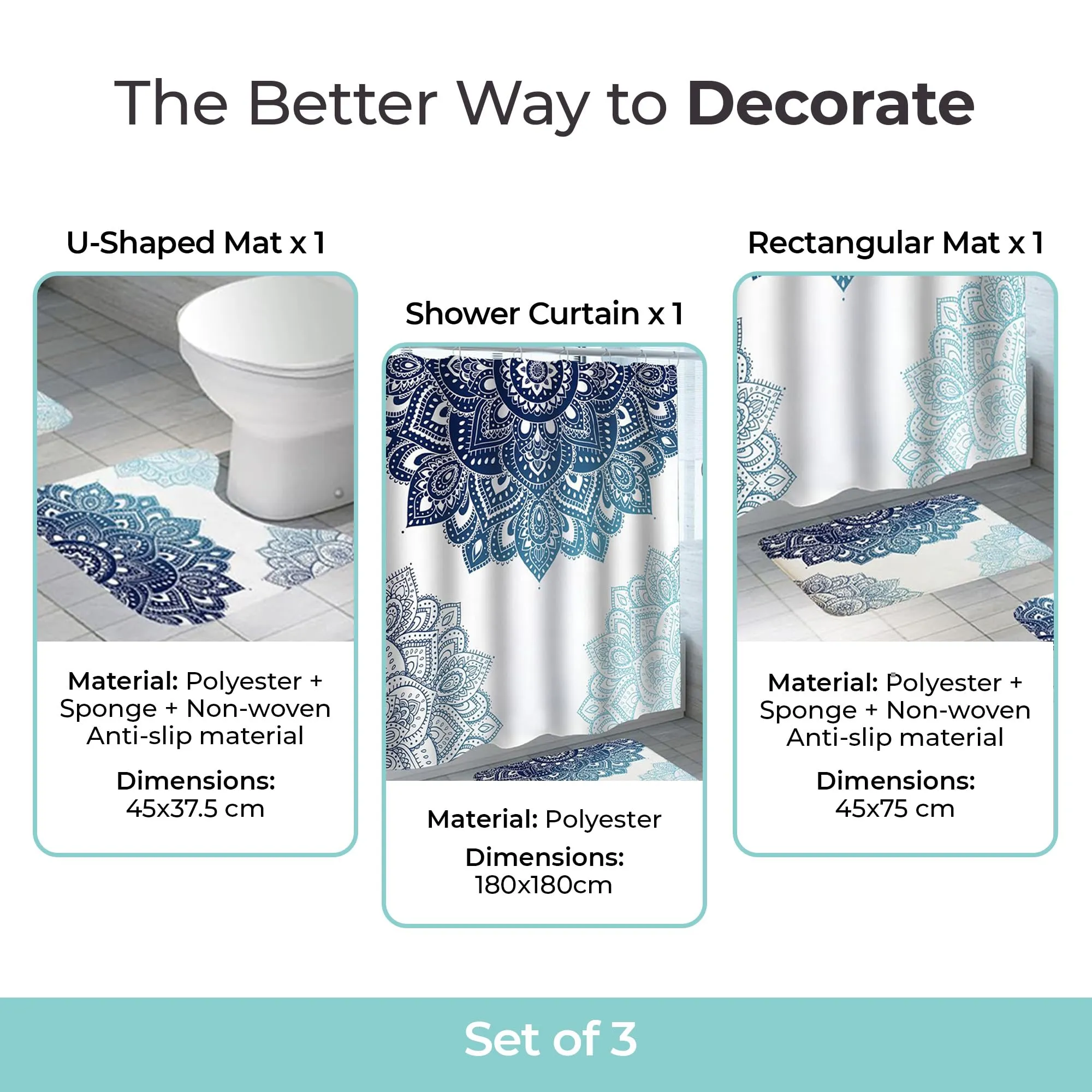 The Better Home Shower Curtains for Bathroom Mat 3 Pcs Set|Vibrant Coloured Polyster Curtain Sets with Non-Slip Bath mats for Bathroom|Easy-Slide Curtains|Quick Dry,Soft Mats (Mandala)