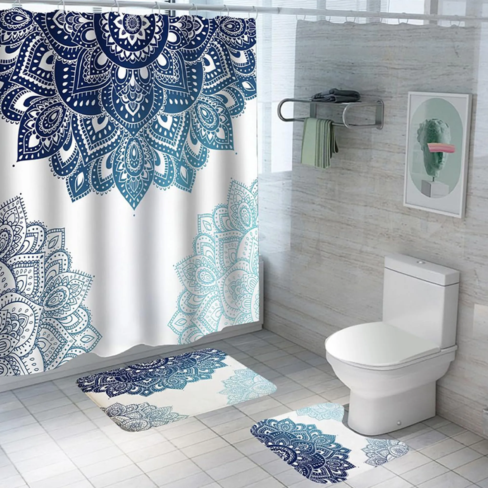 The Better Home Shower Curtains for Bathroom Mat 3 Pcs Set|Vibrant Coloured Polyster Curtain Sets with Non-Slip Bath mats for Bathroom|Easy-Slide Curtains|Quick Dry,Soft Mats (Mandala)