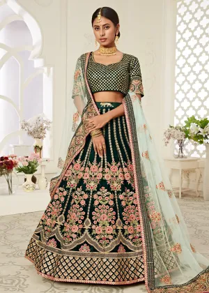 Trendy Green Velvet Embroidered Wedding Lehenga Choli