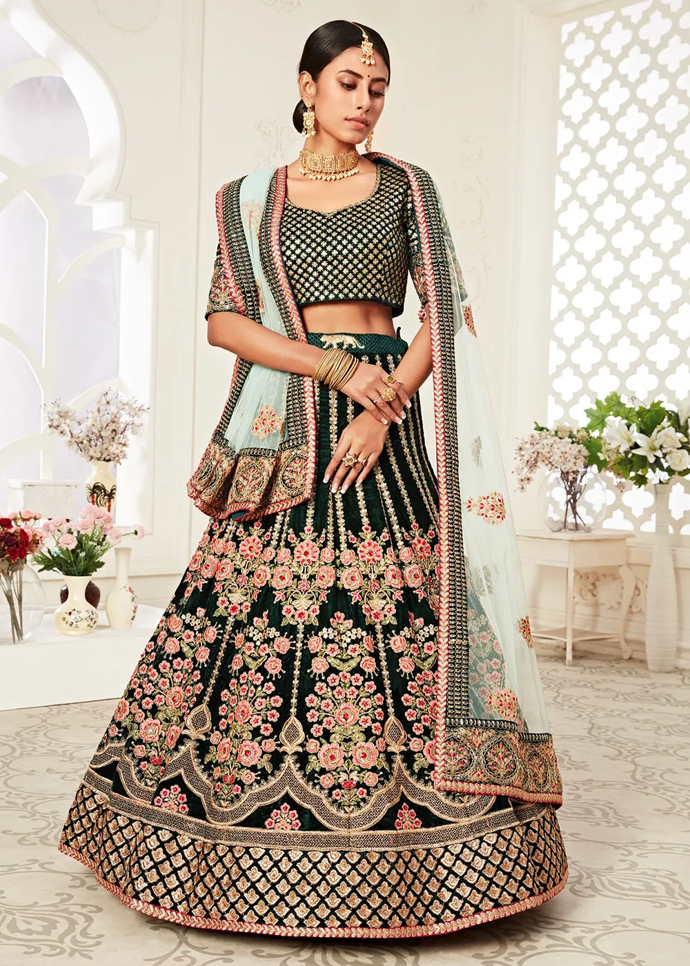 Trendy Green Velvet Embroidered Wedding Lehenga Choli