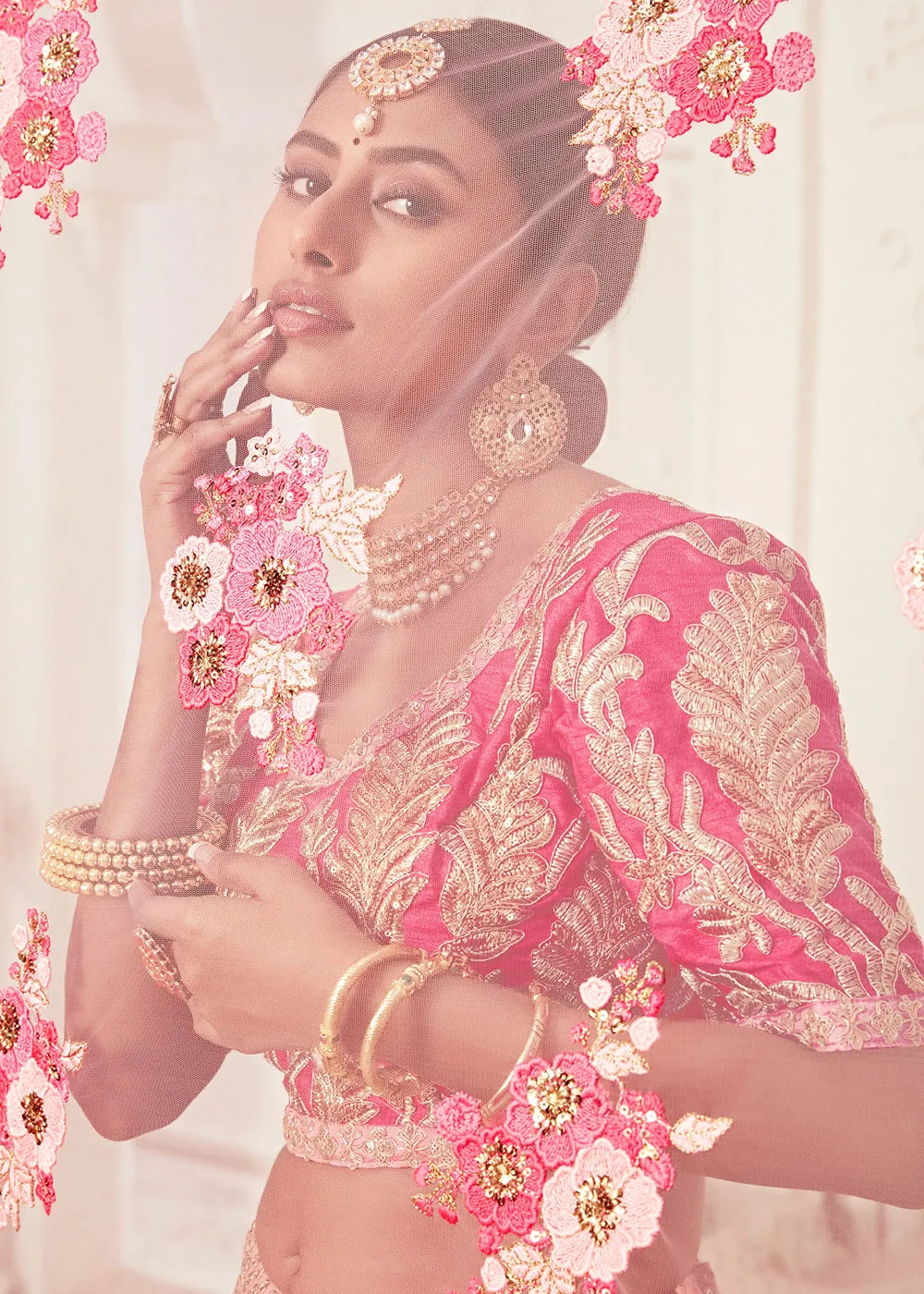 Trendy Pink Net Embroidered Wedding Lehenga Choli