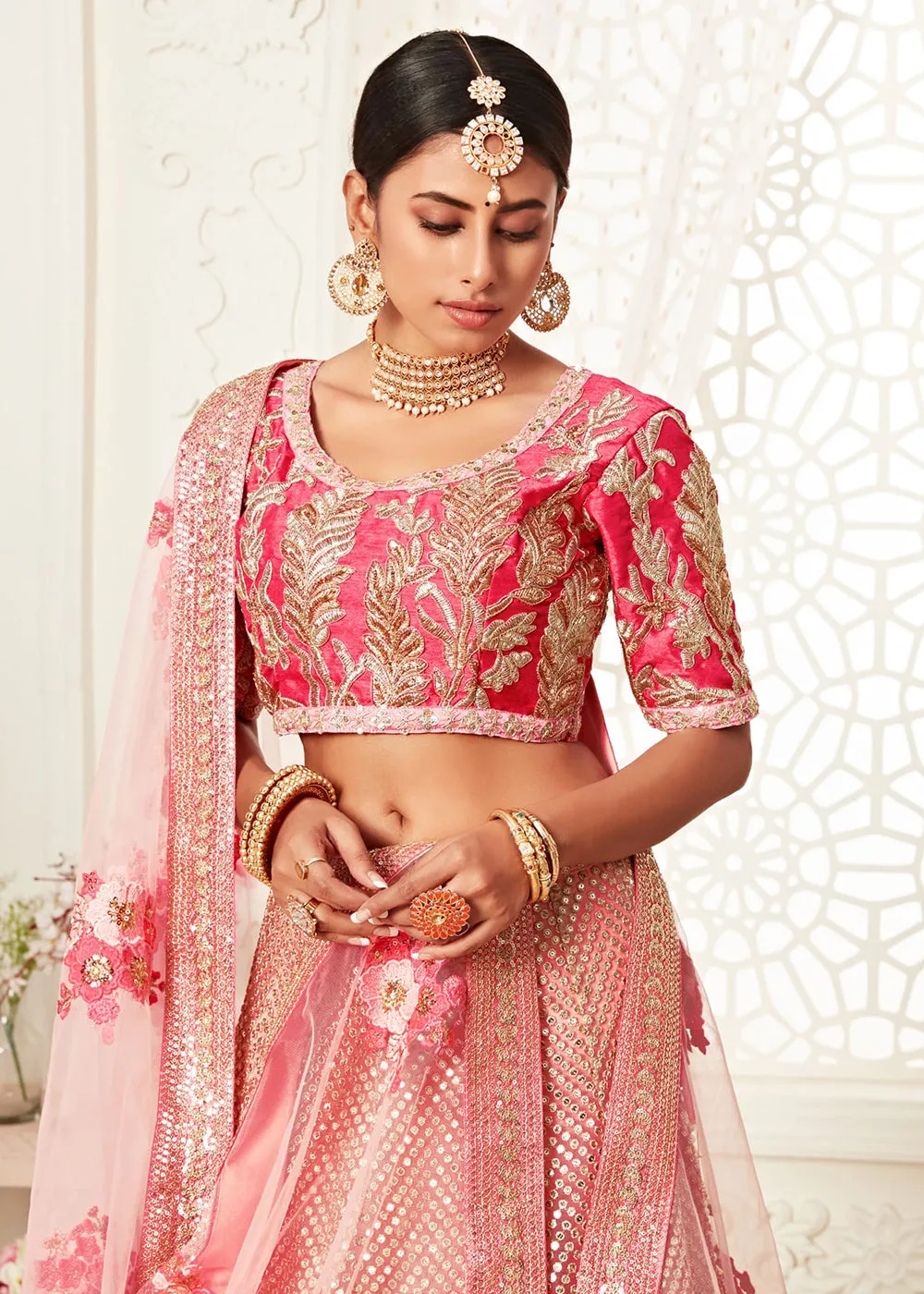 Trendy Pink Net Embroidered Wedding Lehenga Choli