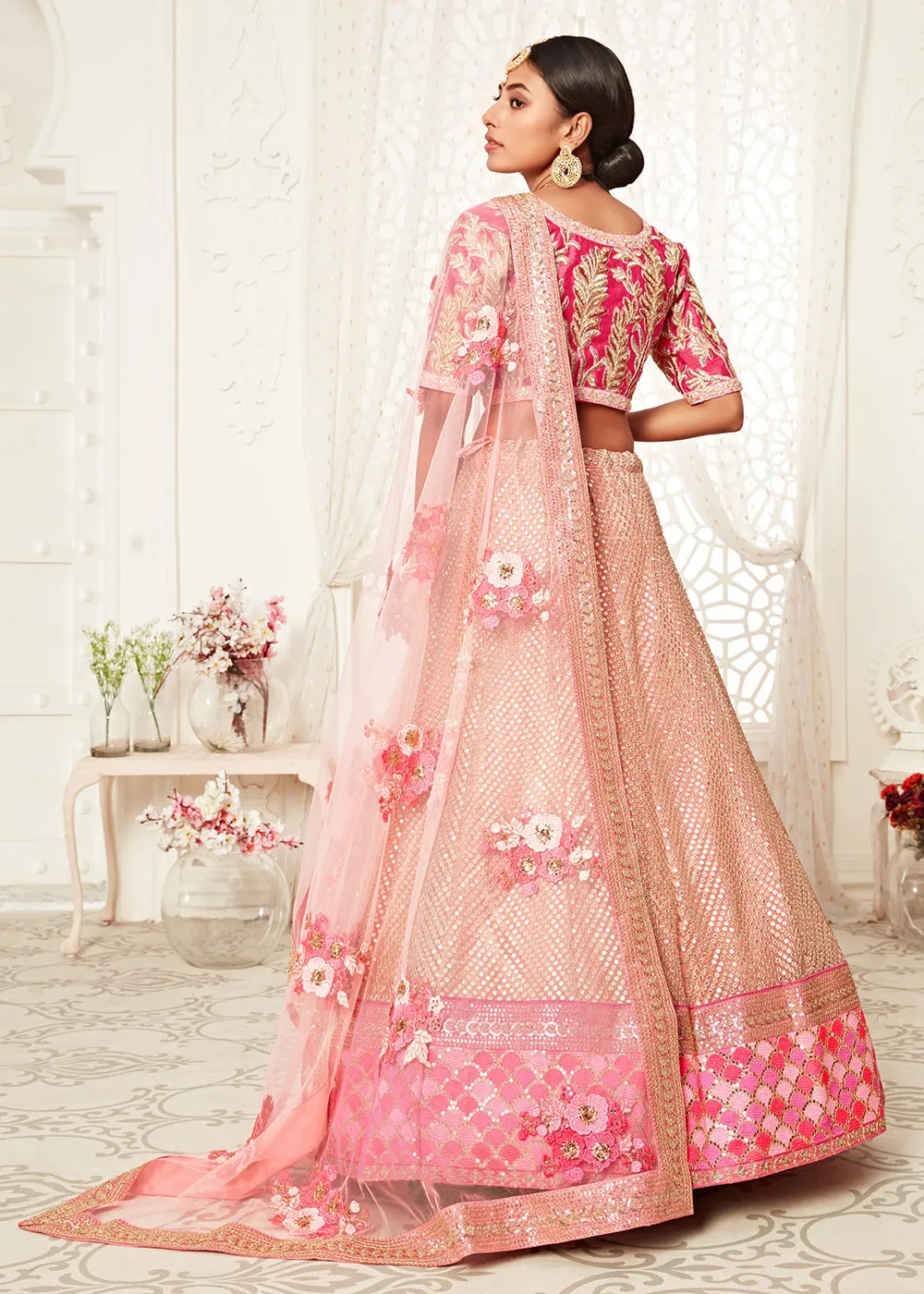 Trendy Pink Net Embroidered Wedding Lehenga Choli