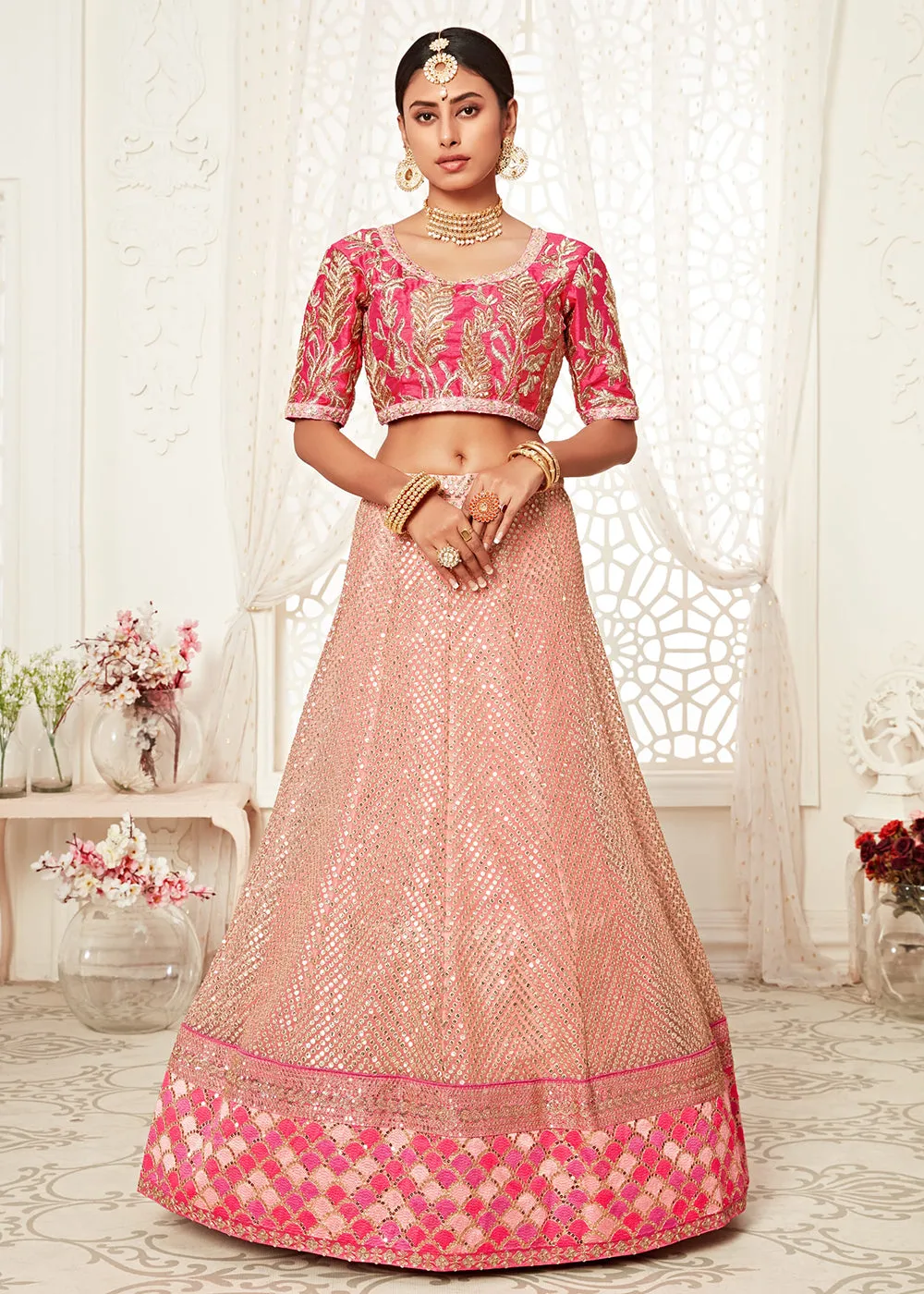 Trendy Pink Net Embroidered Wedding Lehenga Choli