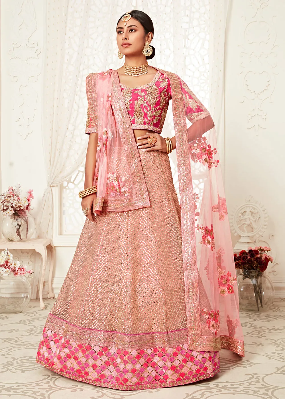 Trendy Pink Net Embroidered Wedding Lehenga Choli