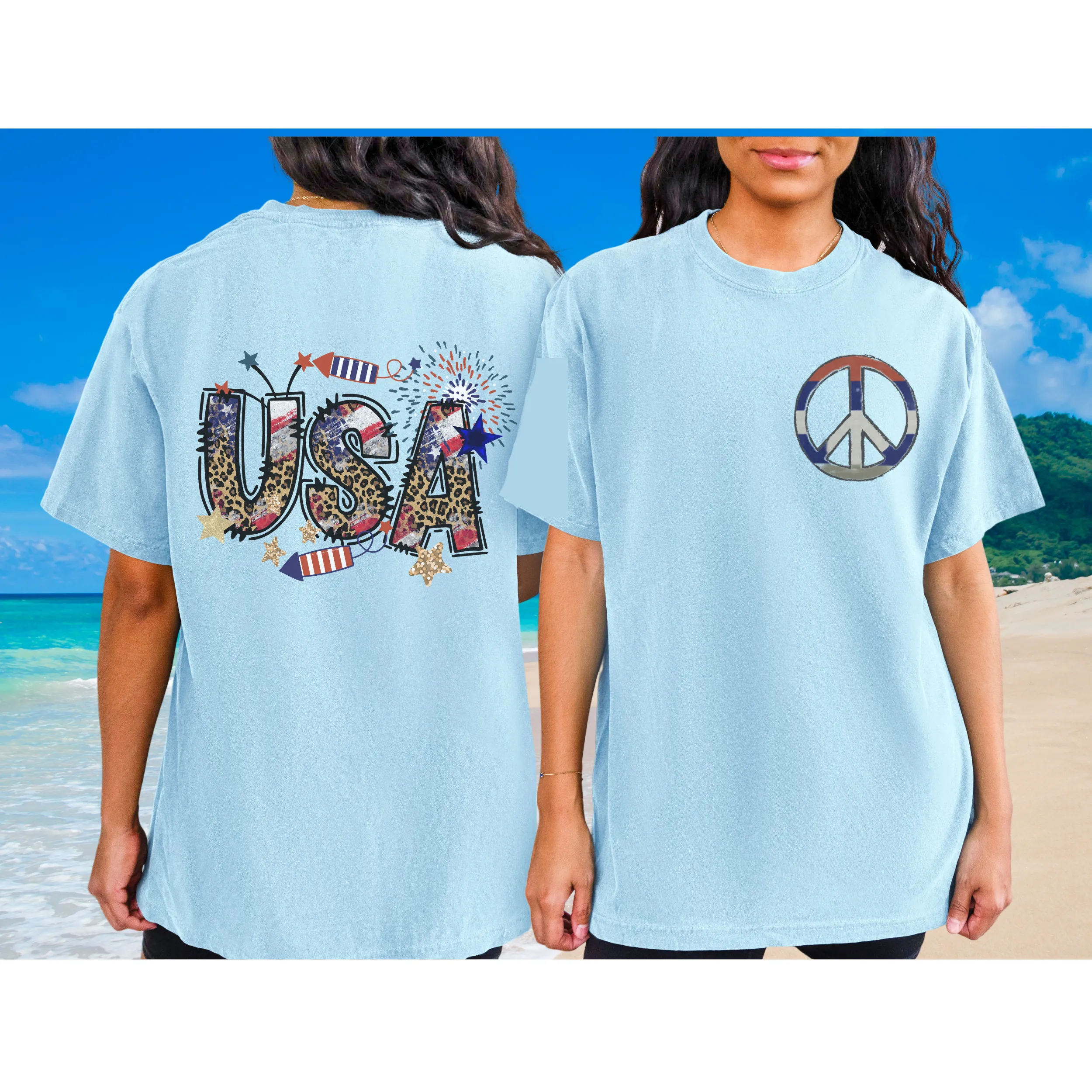 USA Red White Blue Peace Sign 4th of July Comfort Colors® T-Shirt, Front and Back Design T-Shirt Dress, 1970's Hippie Groovy Tee