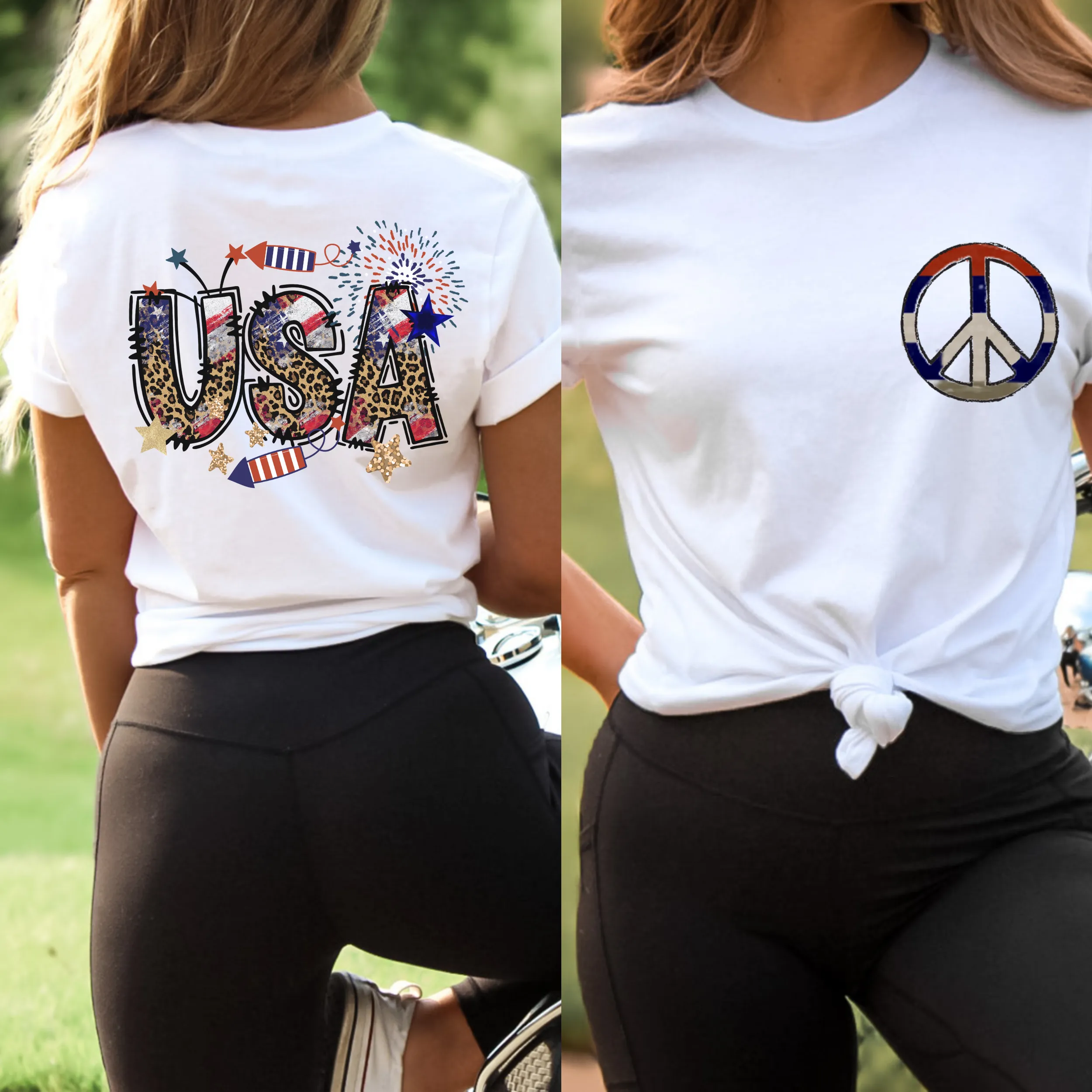 USA Red White Blue Peace Sign 4th of July Comfort Colors® T-Shirt, Front and Back Design T-Shirt Dress, 1970's Hippie Groovy Tee