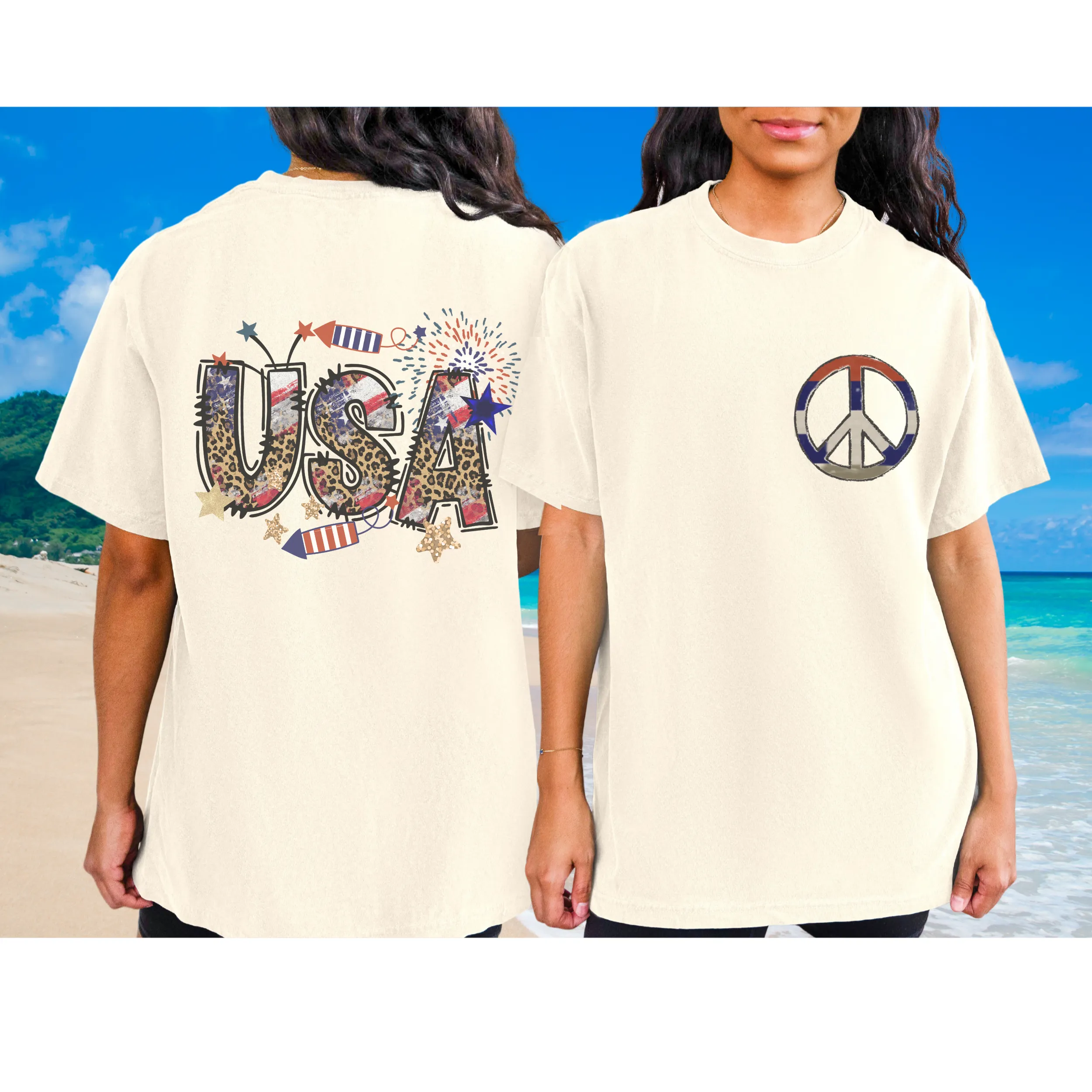 USA Red White Blue Peace Sign 4th of July Comfort Colors® T-Shirt, Front and Back Design T-Shirt Dress, 1970's Hippie Groovy Tee