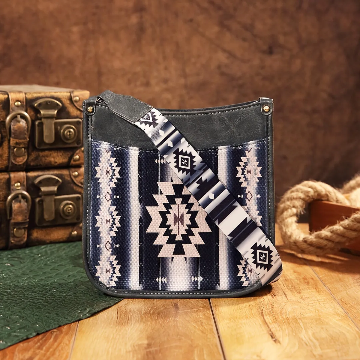 Vibrant Saddle Crossbody Bag - Made of High-Quality PU Leather with Adjustable Shoulder Strap, Stylish Crossbody Design, and Colorful Tribal Pattern - Inspired by Bohemian Western Cowboy Fashion, Perfect Shoulder Bag for Everyday Use