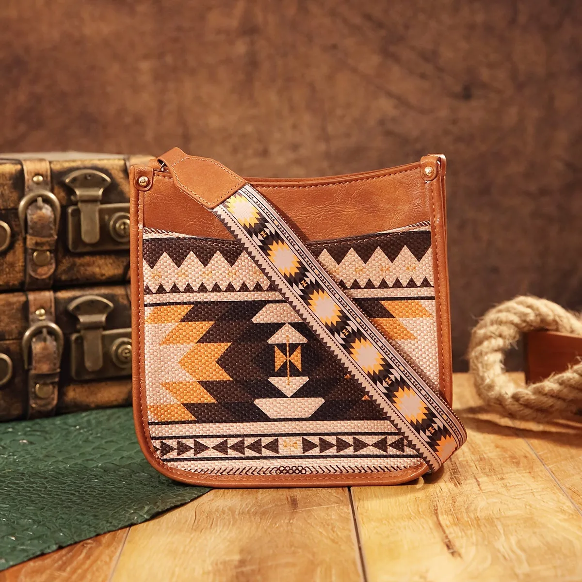 Vibrant Saddle Crossbody Bag - Made of High-Quality PU Leather with Adjustable Shoulder Strap, Stylish Crossbody Design, and Colorful Tribal Pattern - Inspired by Bohemian Western Cowboy Fashion, Perfect Shoulder Bag for Everyday Use