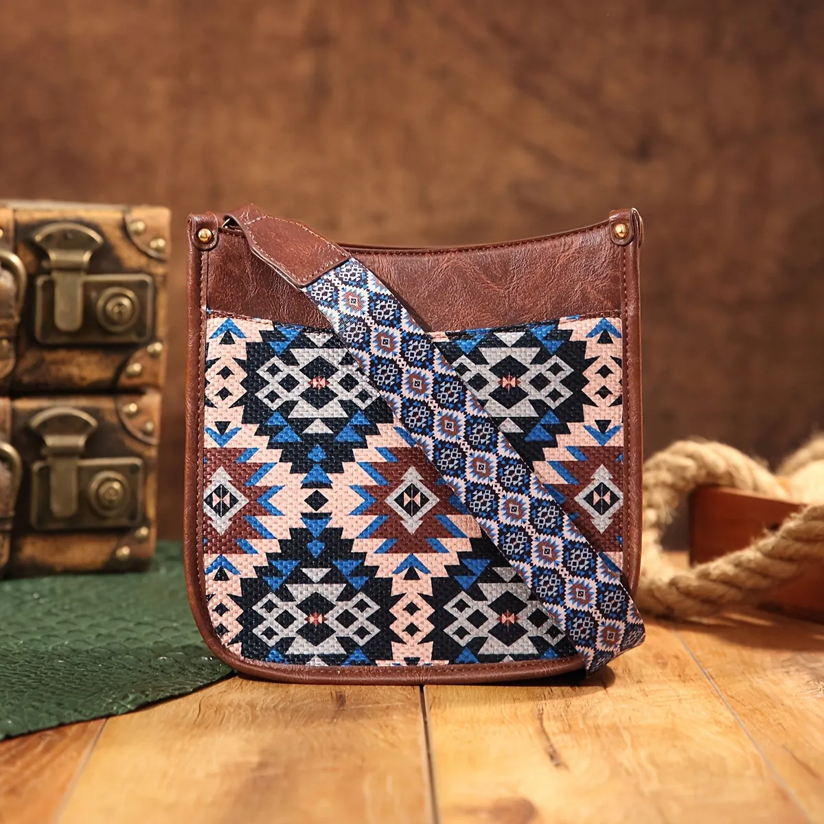 Vibrant Saddle Crossbody Bag - Made of High-Quality PU Leather with Adjustable Shoulder Strap, Stylish Crossbody Design, and Colorful Tribal Pattern - Inspired by Bohemian Western Cowboy Fashion, Perfect Shoulder Bag for Everyday Use