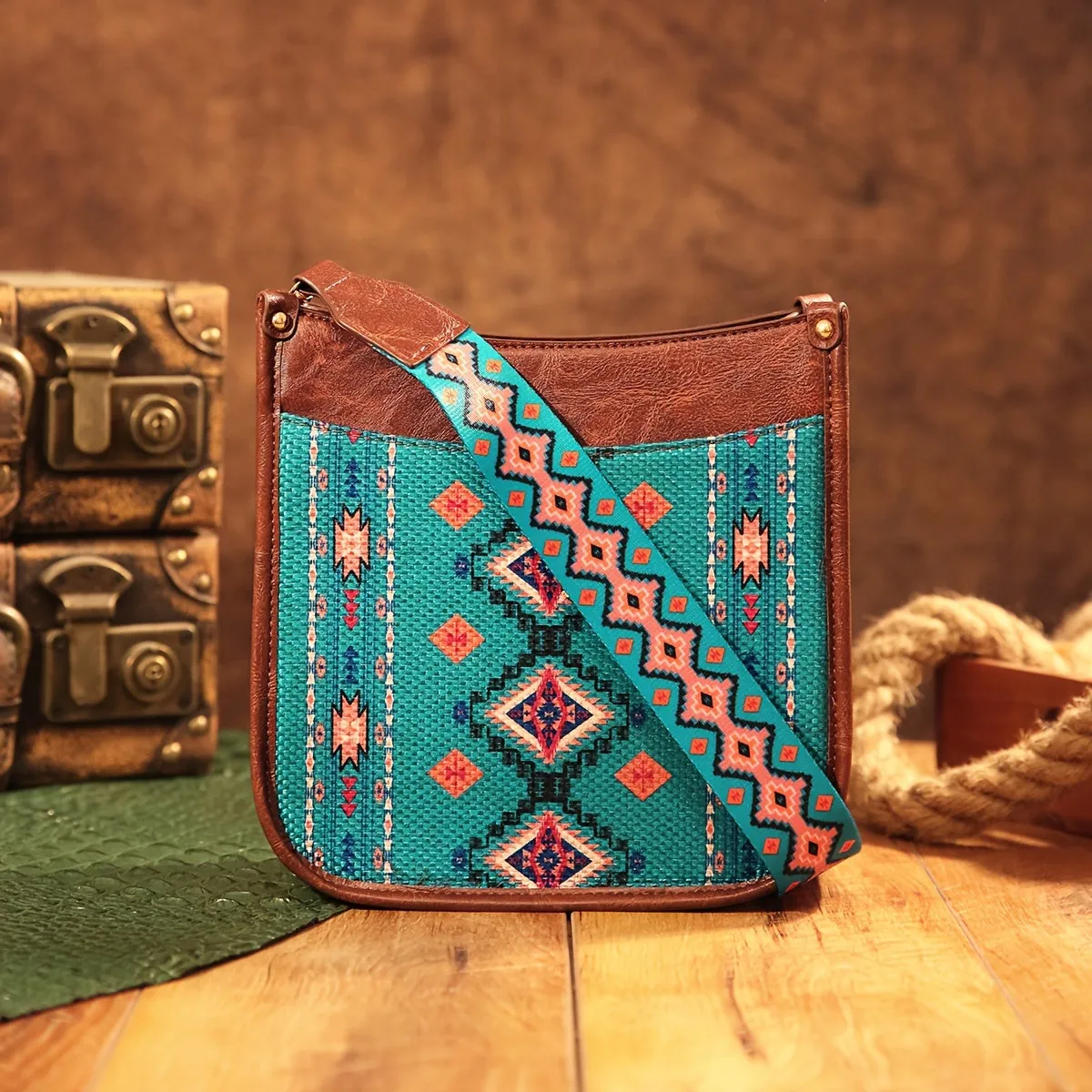 Vibrant Saddle Crossbody Bag - Made of High-Quality PU Leather with Adjustable Shoulder Strap, Stylish Crossbody Design, and Colorful Tribal Pattern - Inspired by Bohemian Western Cowboy Fashion, Perfect Shoulder Bag for Everyday Use