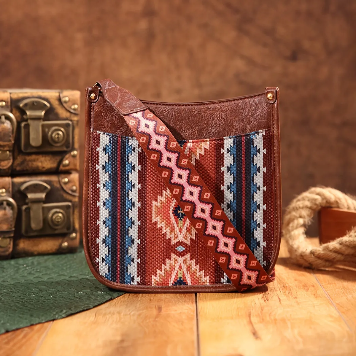 Vibrant Saddle Crossbody Bag - Made of High-Quality PU Leather with Adjustable Shoulder Strap, Stylish Crossbody Design, and Colorful Tribal Pattern - Inspired by Bohemian Western Cowboy Fashion, Perfect Shoulder Bag for Everyday Use