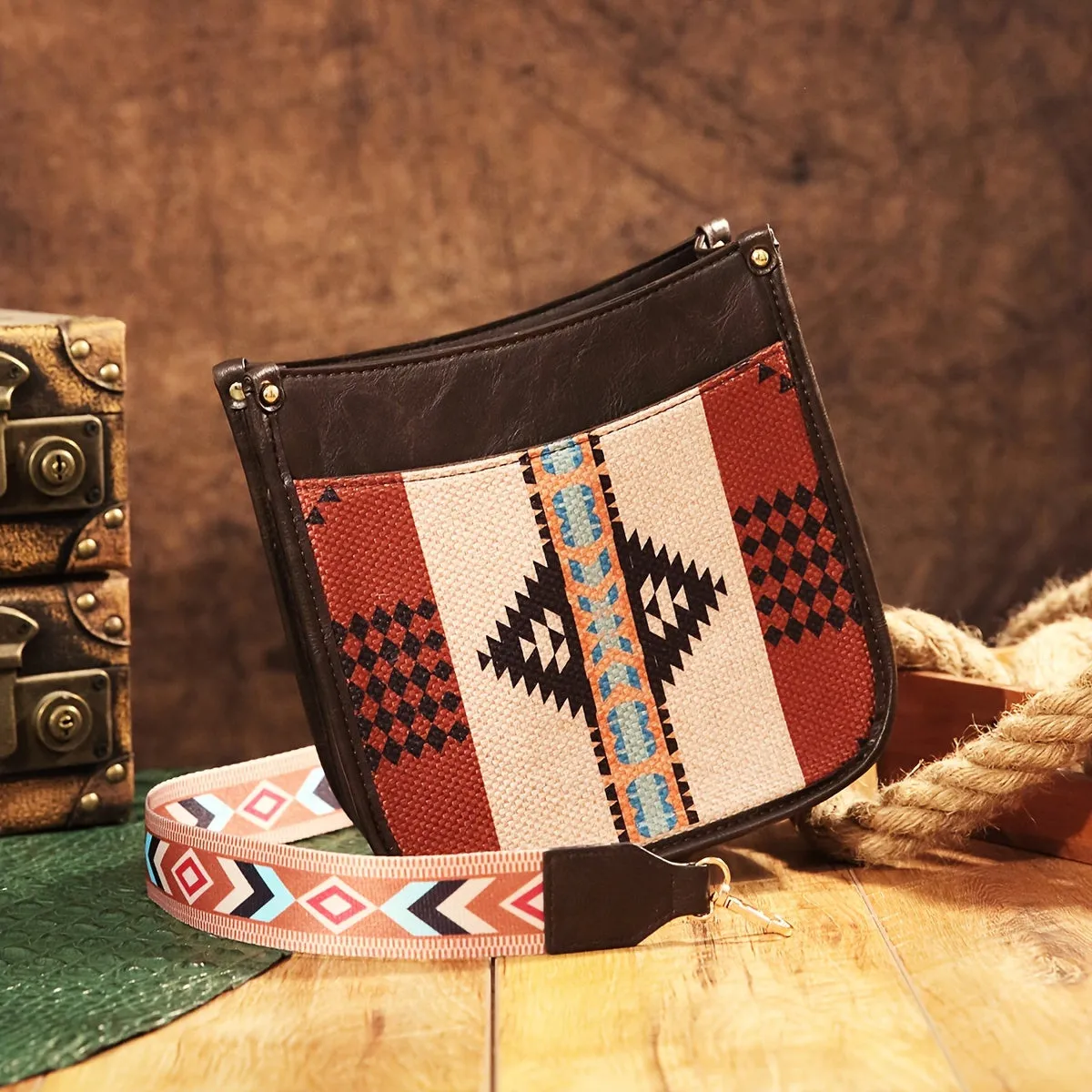 Vibrant Saddle Crossbody Bag - Made of High-Quality PU Leather with Adjustable Shoulder Strap, Stylish Crossbody Design, and Colorful Tribal Pattern - Inspired by Bohemian Western Cowboy Fashion, Perfect Shoulder Bag for Everyday Use