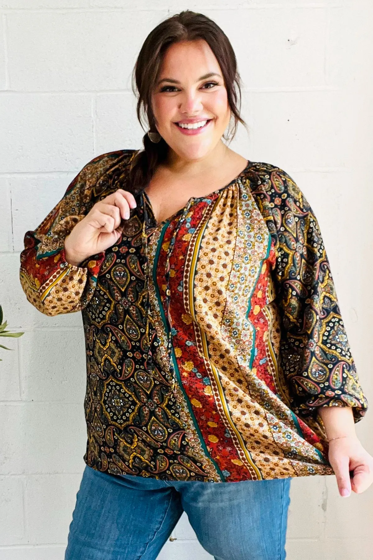 Weekend Ready Black & Rust Paisley Raglan Keyhole Tie Top