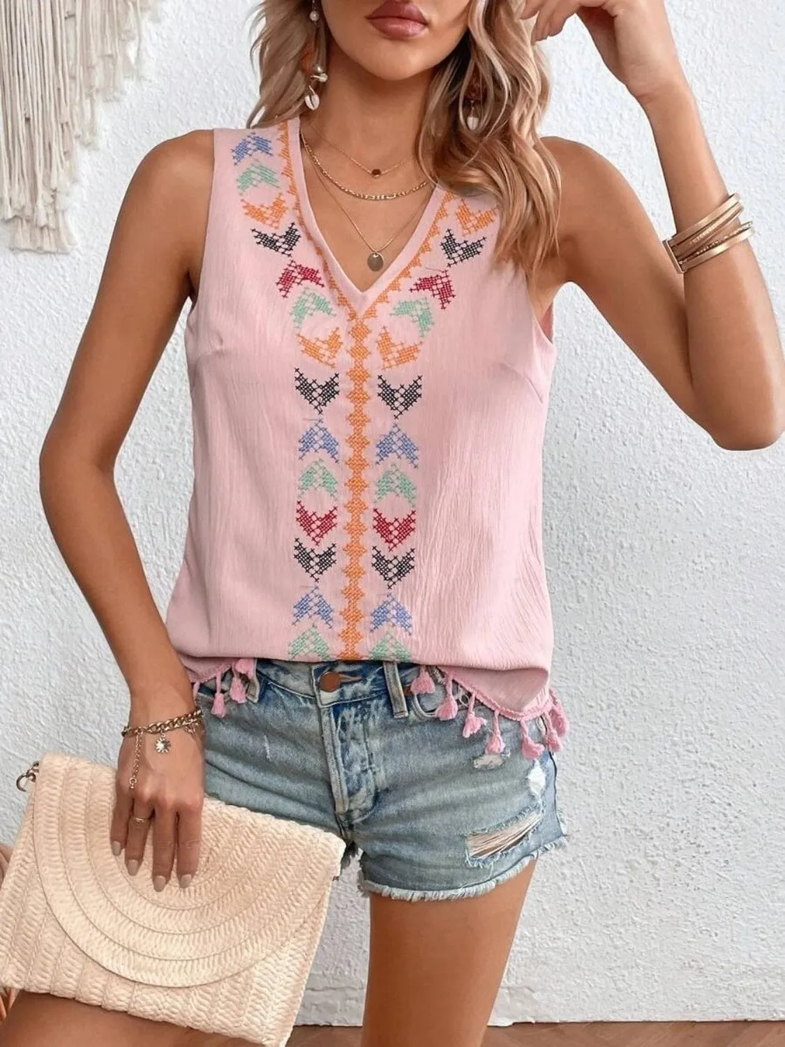 Women's Tassel-Printed V-Neck Tank Top