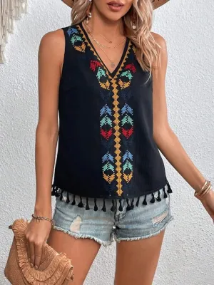 Women's Tassel-Printed V-Neck Tank Top