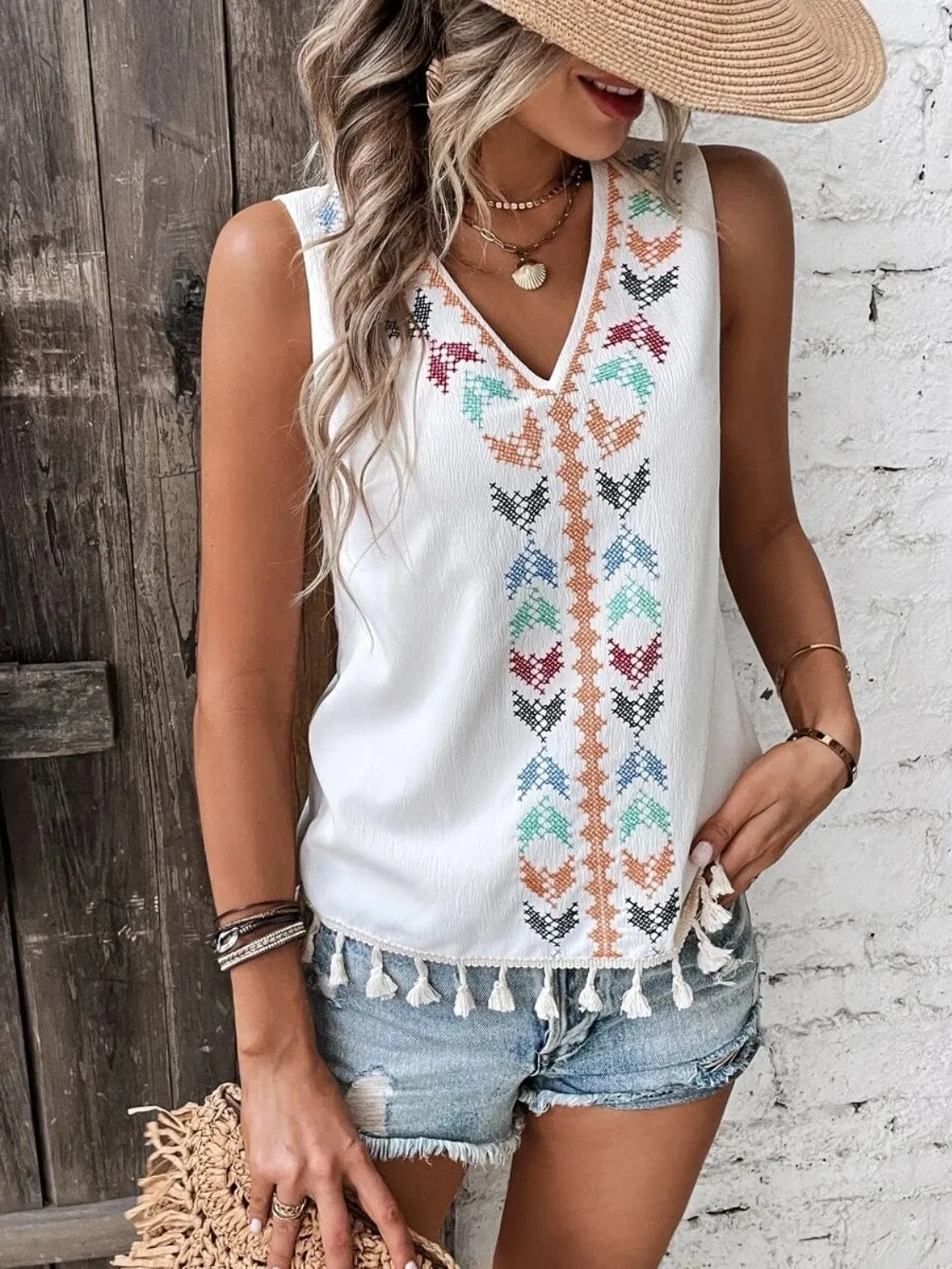 Women's Tassel-Printed V-Neck Tank Top